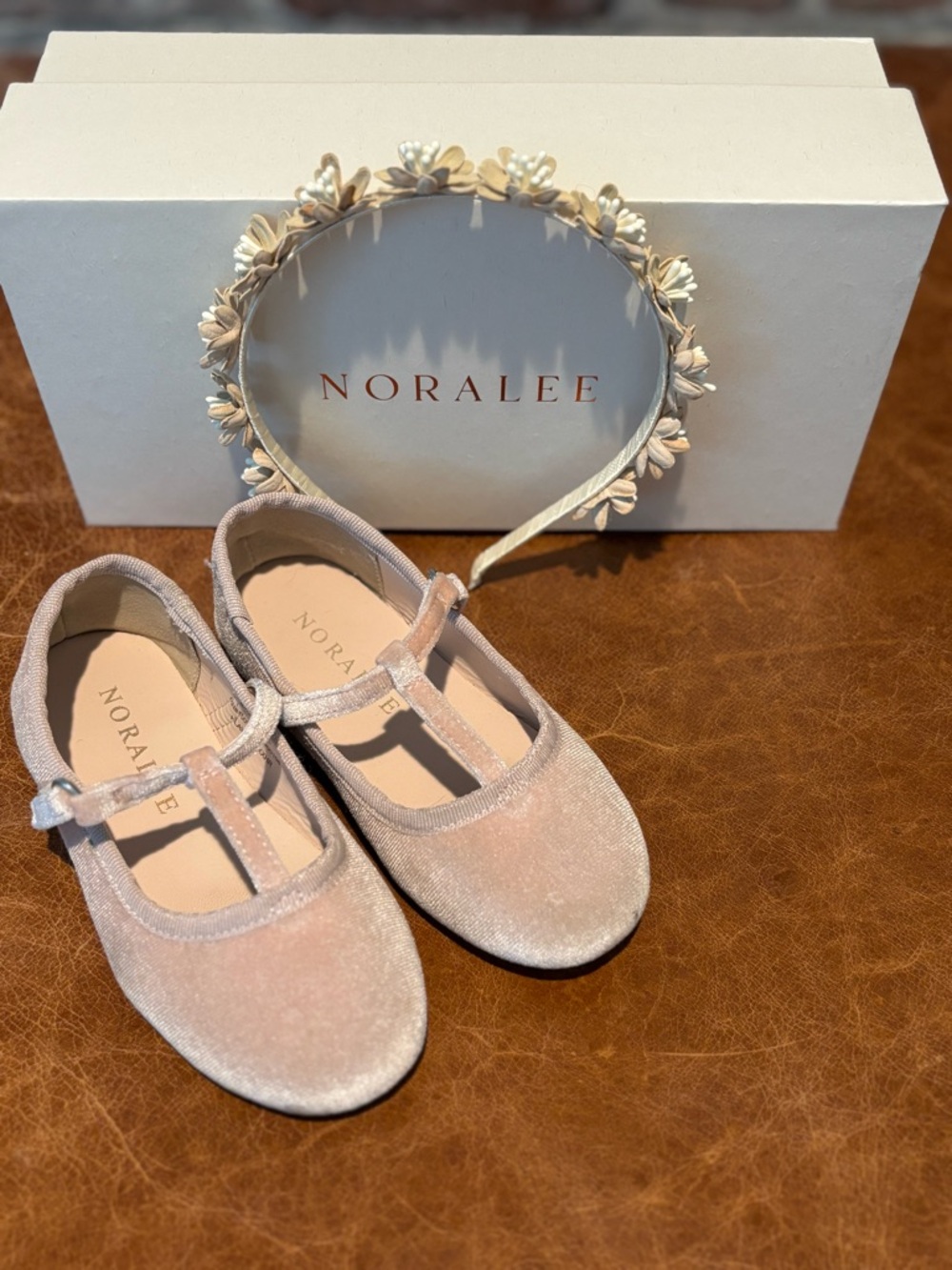 Noralee Girls' Blush Velvet T-Strap Dress Shoes and Floral Ecru Headband